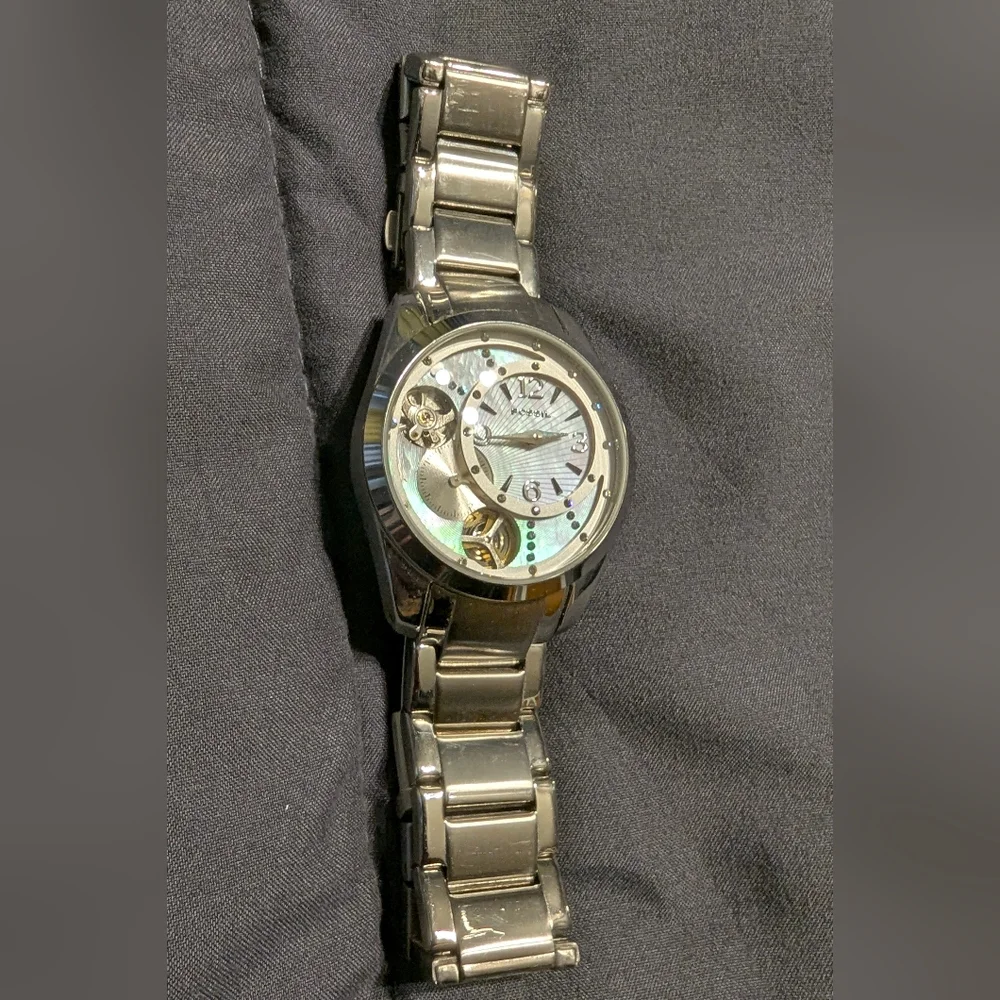 FOSSIL TWIST Ladies Silver Bracelet Watch With Pearlescent Face Needs Battery
